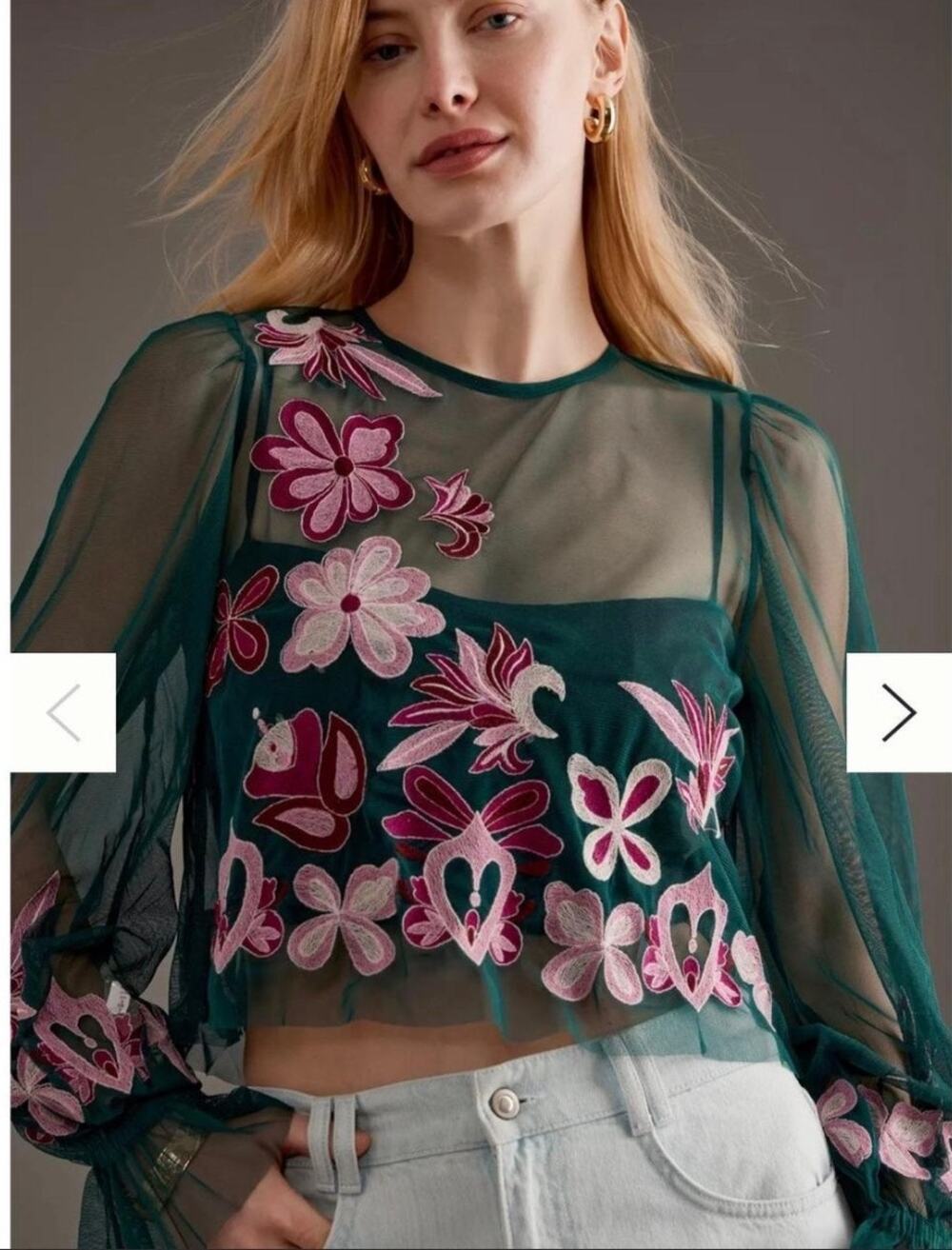 Anthropologie Dark Turquoise Embroidered Mesh Floral Top